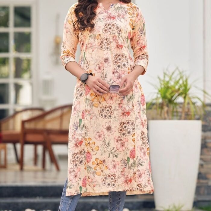 Peach Color Printed Linen Fabric Fabulous Kurti