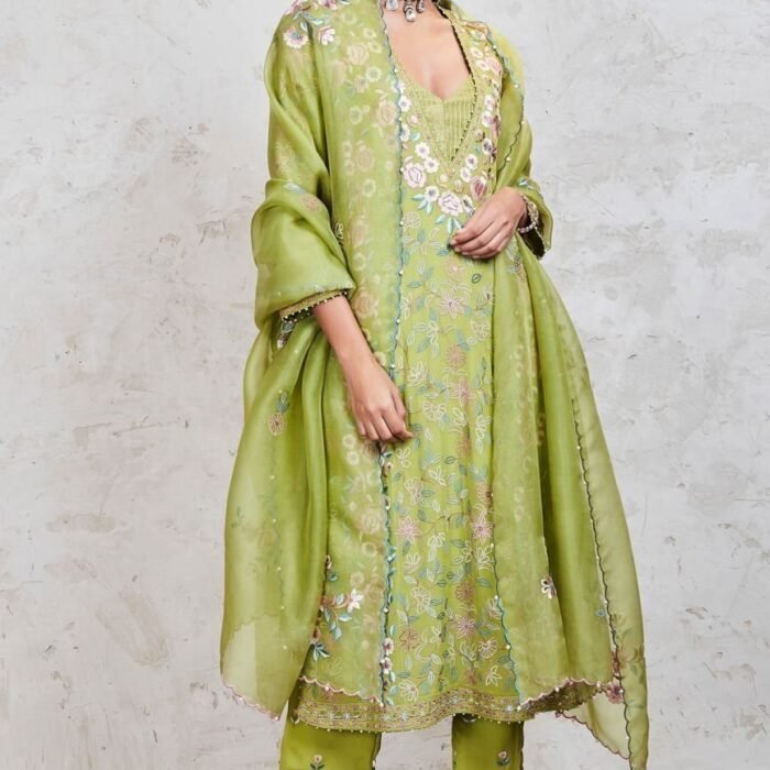 Green Embroidered Kalidar Kurta Set