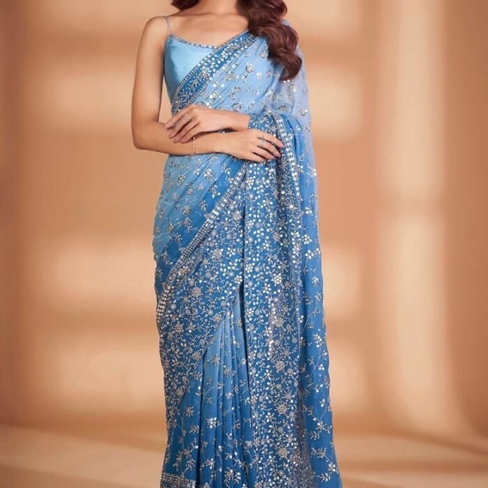 Blue Solid Georgette Saree Set