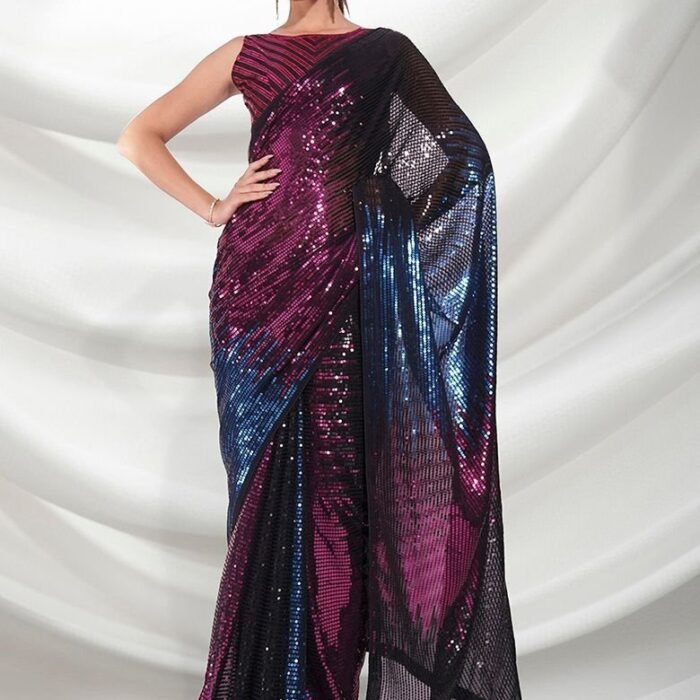 Pink Sequin Embellished Pure Georgette Saree Set