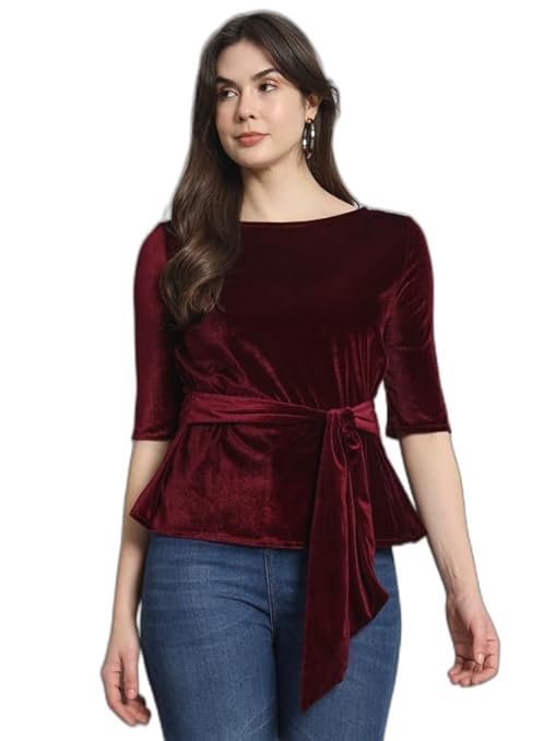 Chicava Party Top for Women with Front Tie Waistband | Shiny Velvet Half Sleeeves Stylish Outfit