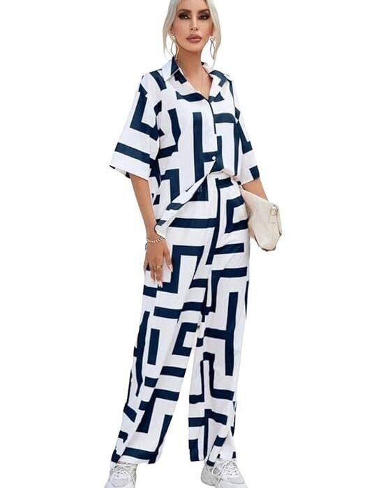 Gufrina Chic Women's Half Sleeve Shirt Collar Fort Open Top Co-Ords Set - Modern Geometric Print