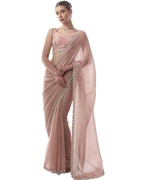 ORHANS Women's Chiffon All Over Fix Diamond & Lace Work Saree With Art Silk Matching Unstitched Blouse Piece