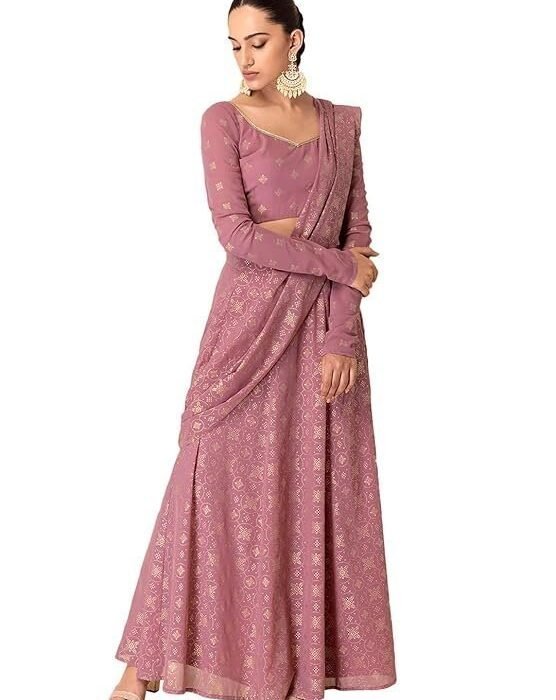 Indya Women Pink Foil Print Kalidar Pre-Stitched Saree