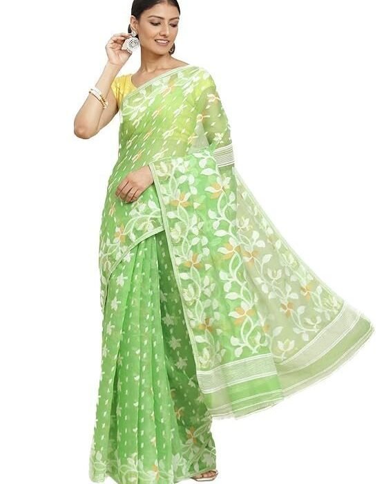 Aditri Green Floral Zari Pure Silk Jamdani Saree