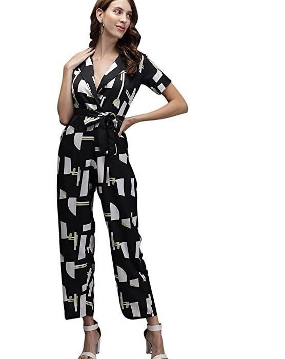 Women Solid Black Lycra Blend Casual Regular Jumpsuit