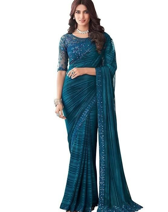 Women's And Girls Embroidery Lace & Sequence Embroidery Chiffon Saree With Unstitched Blouse Piece