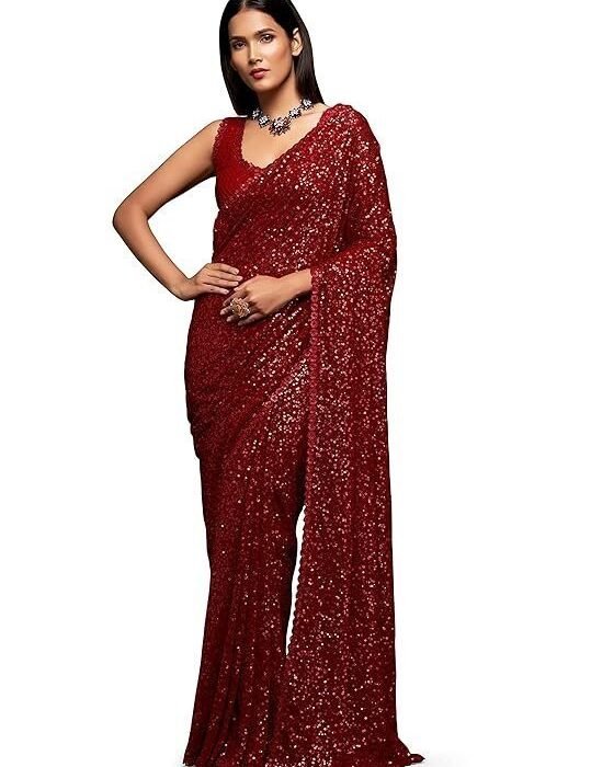 Zeel Clothing Women's Sequins Work Heavy Georgette Saree with Blouse