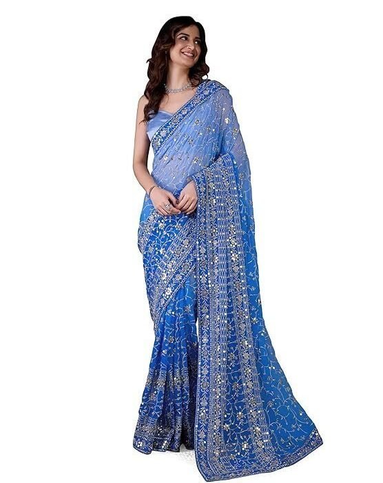 Women's Georgette Sequin Embroidery work Saree with Unstitch Blouse Piece