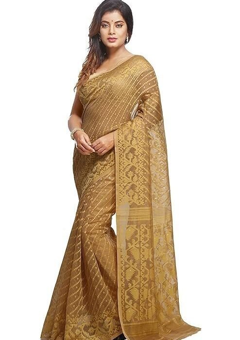 WoodenTant women’s soft cotton silk bengal dhakai jamdani saree in beige without blouse piece