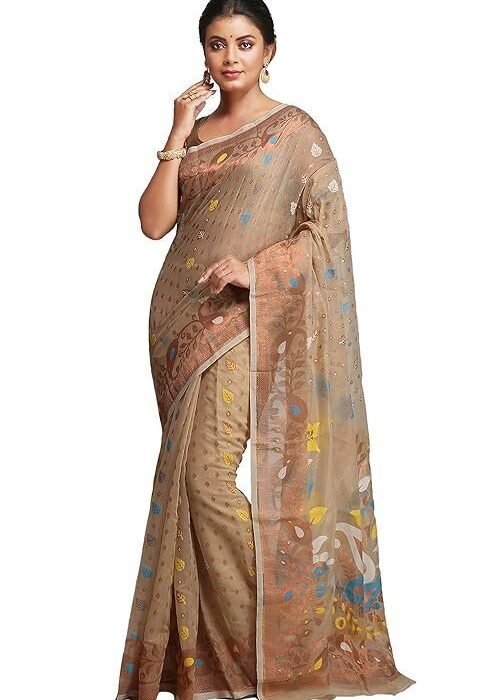 Tant women’s Soft cotton silk dhakai jamdani saree without blouse piece