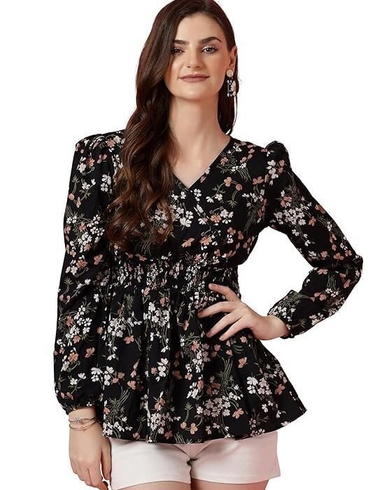 Sheetal Associates Women's Casual Puff Sleeves Floral Print Peplum Top