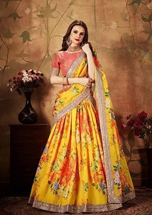 Women's Floral Organza Semi Stitched Lehenga Choli with Dupatta