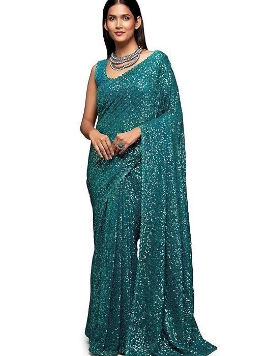 TRENDMALLS Women's Georgette Heavy Sequins Work Heavy Saree with Blouse