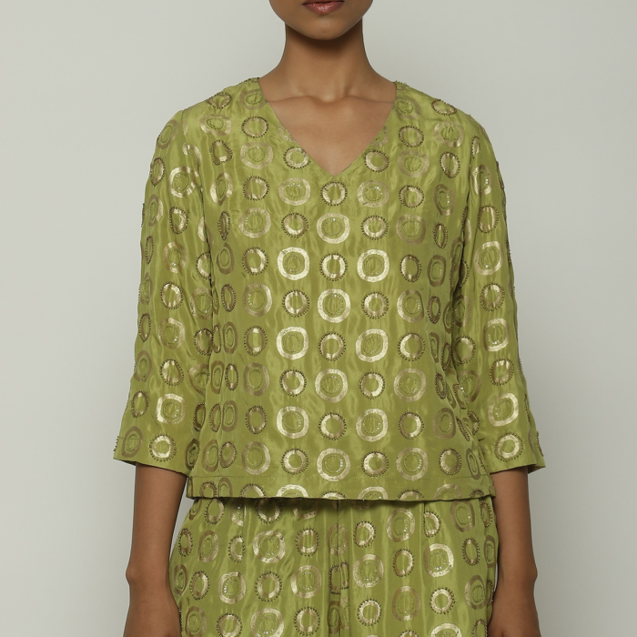 Amla Green Habutai Silk Printed & Embroidered Top