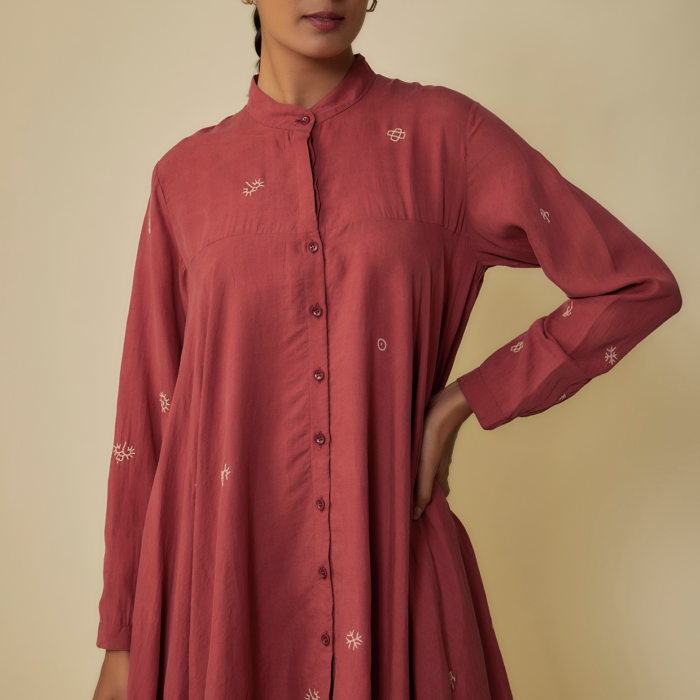 Crimson Pink Fine Silk Hand Embroidered Flared Top