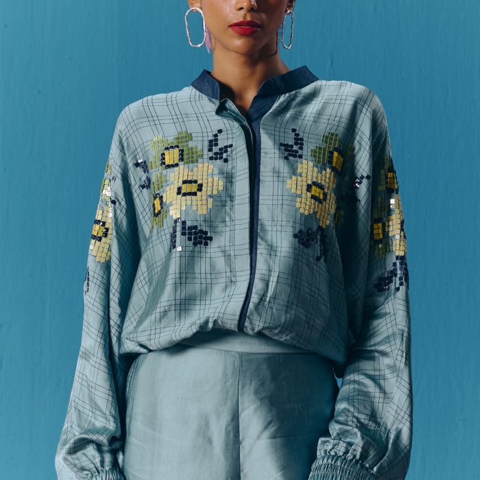 Sky Blue Silk Satin Hand Embroidered Kimono Top