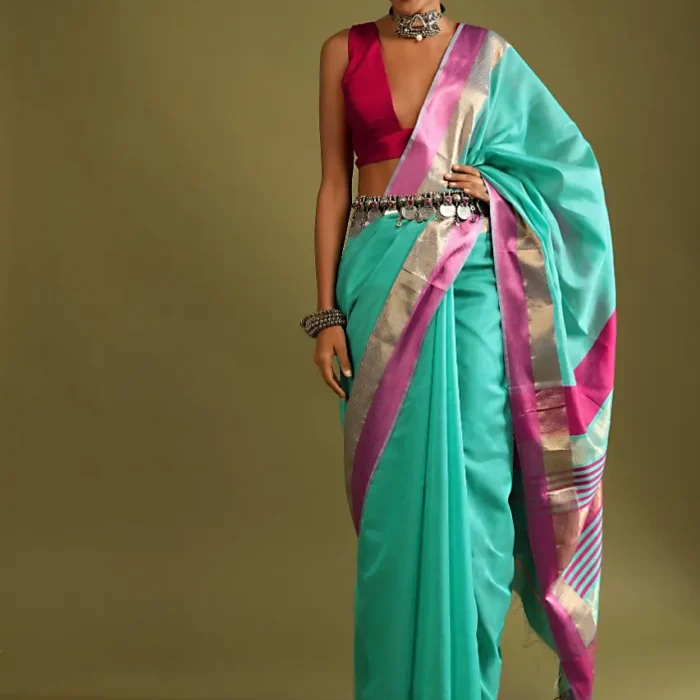 A Gquareen Saree In Tussar Silk With Gold And Pink Woven Border And Striped Pallu Design