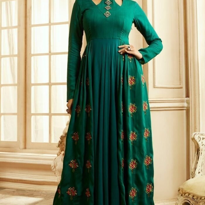 Comfortable Rayon Cotton Gown Style Kurti in Rich Dark Green Color