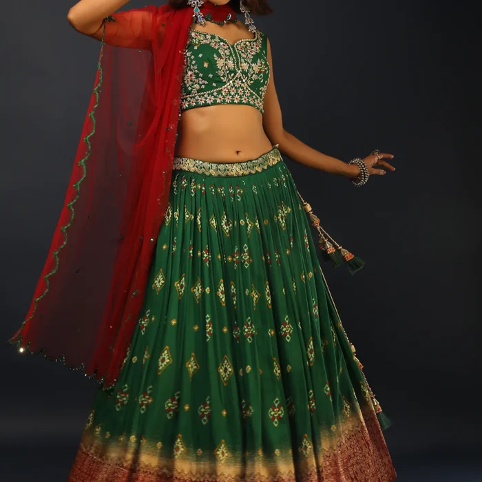 Bottle Green Lehenga In Silk With Patola Printed Buttis And Woven Maroon Border