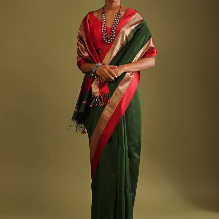 Cypress Green Saree In Tussar Silk With Gold And Red Woven Border And Striped Pallu Design
