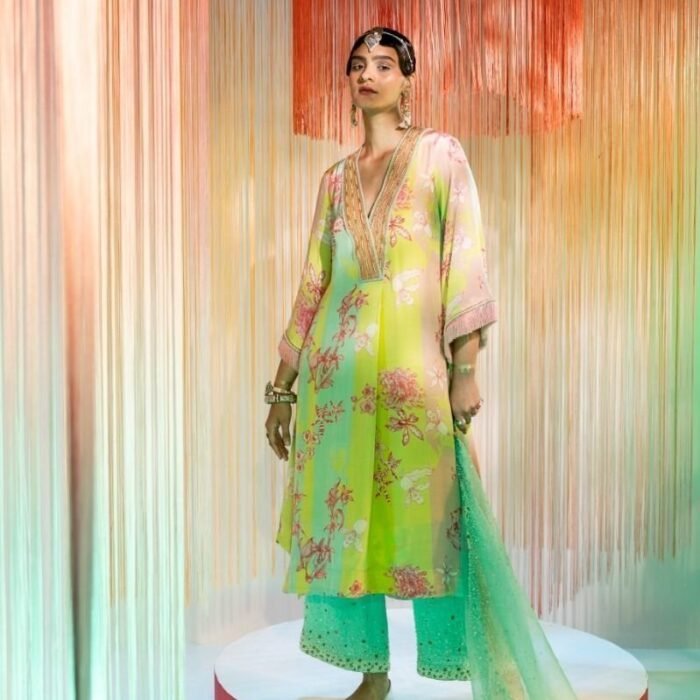 Lime Yellow Orchid Front Pleat Kurta Set