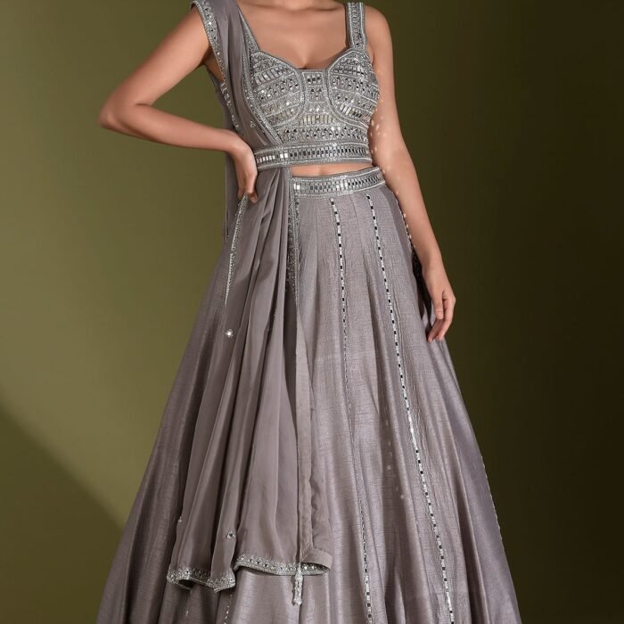 Mink Grey Mirror Embroidered Raw Silk Designer Lehenga