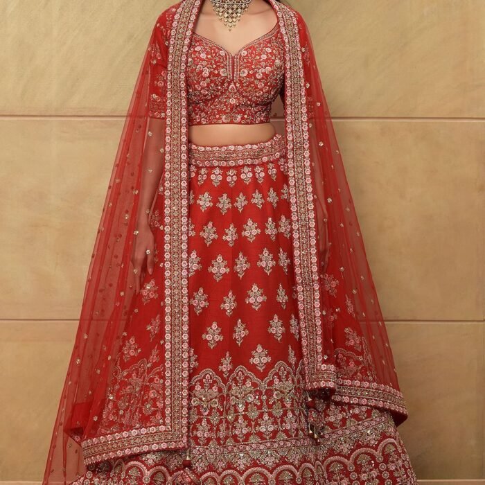 Persian Red Zari Embroidered Raw Silk Bridal Lehenga