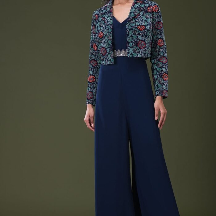 Dark Prussian Blue Abla Embroidered Georgette Jumpsuit