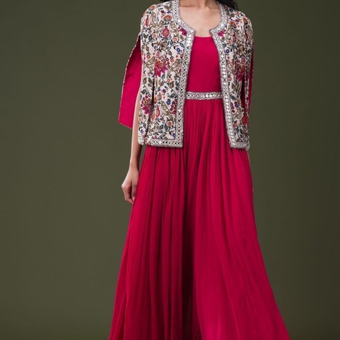 Dark Pink Mirror Embroidered Georgette Jumpsuit