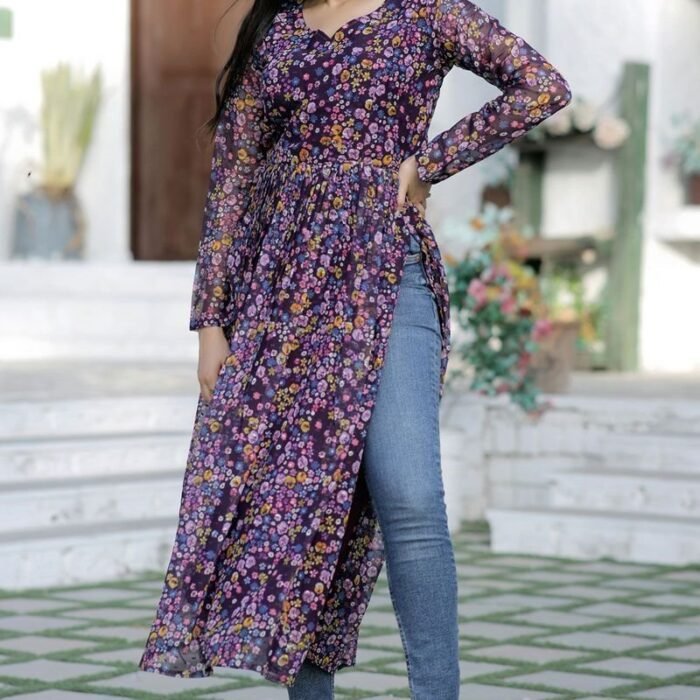 Radiant Purple Color Fancy Fabric Readymade Digital Printed Kurti