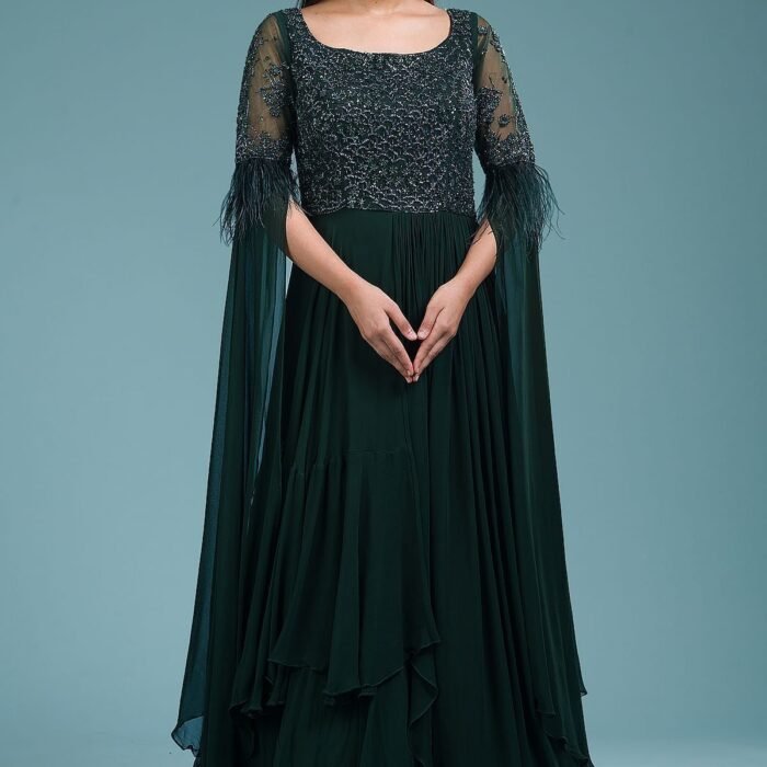 Pine Grove Green Sequins Embroidered Georgette Indowestern Gowns