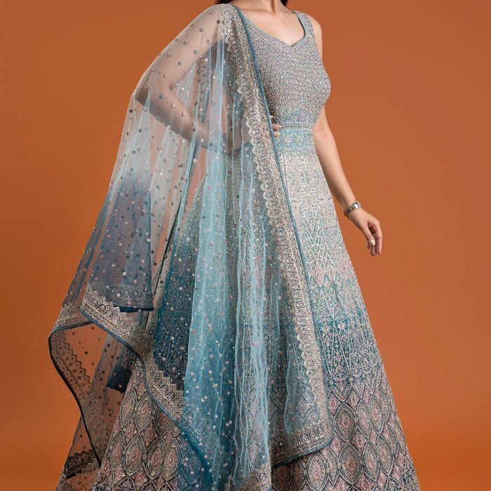 Light Blue Mirror Embroidered Silk Indowestern Gowns
