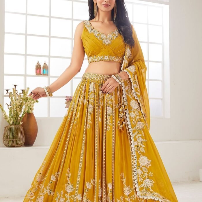 Spectra Yellow Sequins Embroidered Georgette Crop Top Lehenga