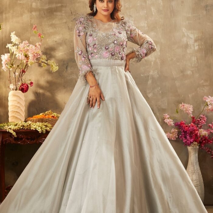 Flint Grey Sequins Embroidered Shimmer Organza Cocktail Gown