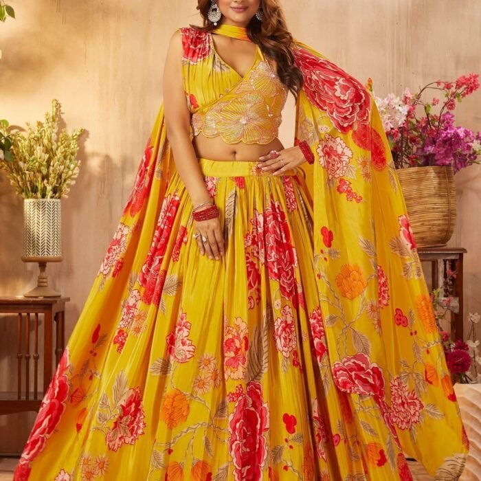 Golden Yellow Printed Crepe Party Wear Lehenga