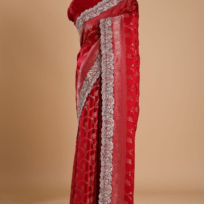 Crimson Red Gota Embroidered Satin Silk Saree