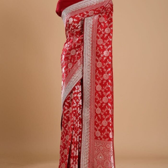 Crimson Red Sequins Embroidered Silk Saree