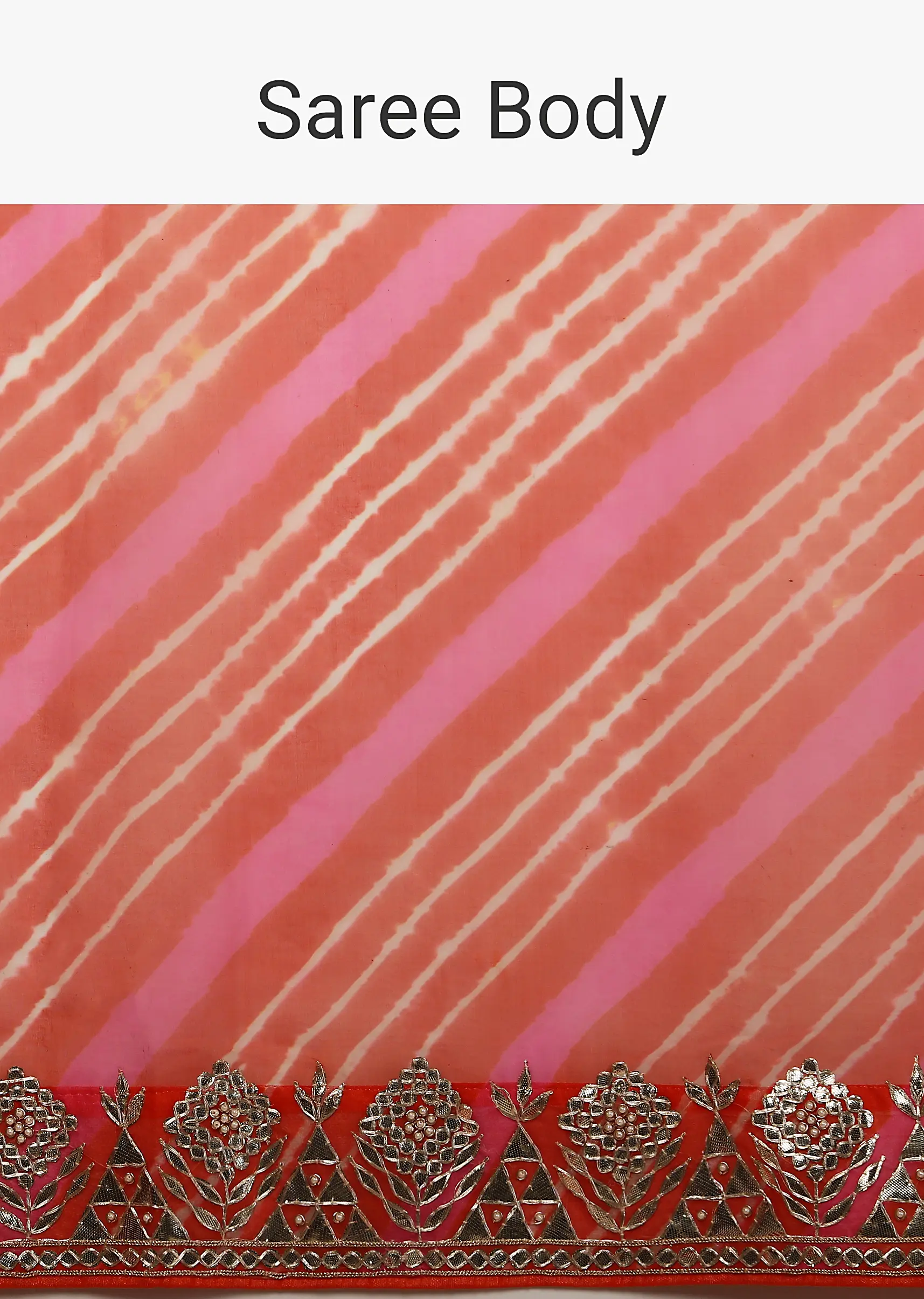 Orange And Fuchsia Dual Toned Saree In Organza With Lehariya Print And Gotta Patti Embroidered Geometric Floral Border - Image 5