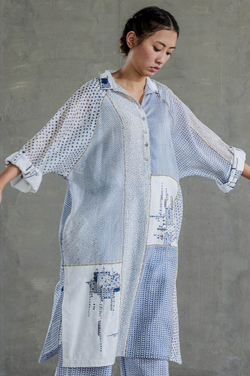 Blue Shibui Raglan Sleeve Kurta In Chanderi - Image 3