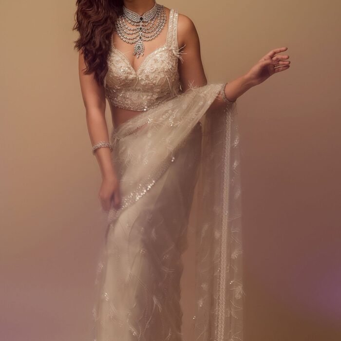 Coconut Milk Beige Pearl Embroidered Net Saree