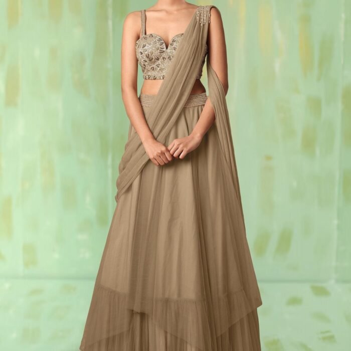 Beige Lehenga Set With Hand Embroidered Blouse